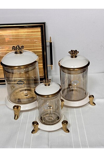 Meri Ev Gereçleri King Krem Gold Vacuum Lid Jar Set 3 Pieces