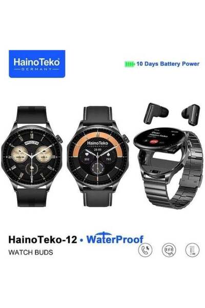 HAINOTEKO 12 Waterproof Smartwatch with Built-in Wireless Earbuds, Large AMOLED Display, 3 Straps, Fast Charging Cable, Fitness Tracker, Heart Rate Monitor, Sleep Tracking, Step Counter – Black