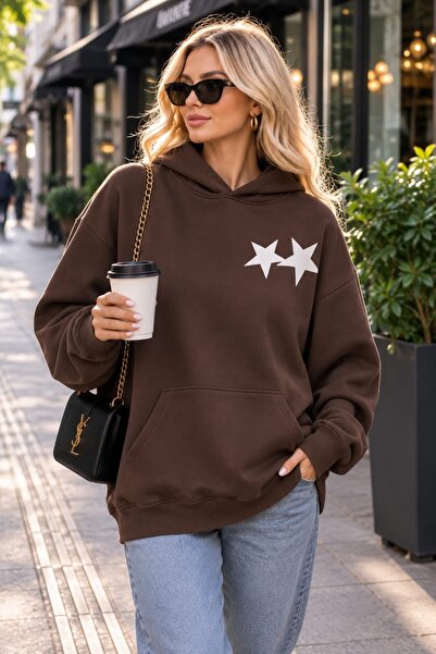 Günlük sweat yıldız bakılı kapüşonlu üç iplik bol kesim kadın spor sweatshirt