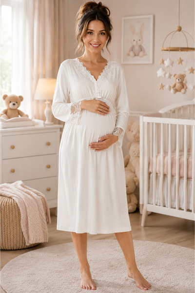 by İGP Long Sleeve Cotton Maternity Nightgown with Breastfeeding Feature Effortt