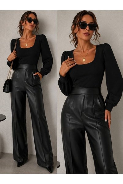 Generic Brand Women's high-waisted, flared leather pants with pockets