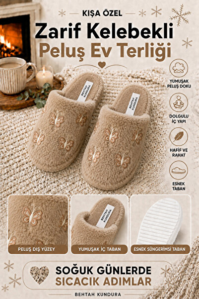 Behtah Kundura Fluffy Silent Sole Butterfly Figured Women's House Slippers Fu...