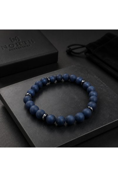 Boncuk Men's Bracelet with Natural Stone Look, Navy Blue Beaded, Premium Stylish Gift Option