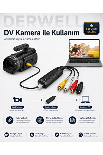 Derwell USB 2.0 AV Video Capture Card Analog Görüntü Ses Dijital Dönüştürücü Kartı Easycap Uyumlu Kamera DV VHS VCR DVD Oynatıcı Laptop Masaüstü PC Sürücüsüz Tak Çalıştır Kayıt Kartı RCA S-Video