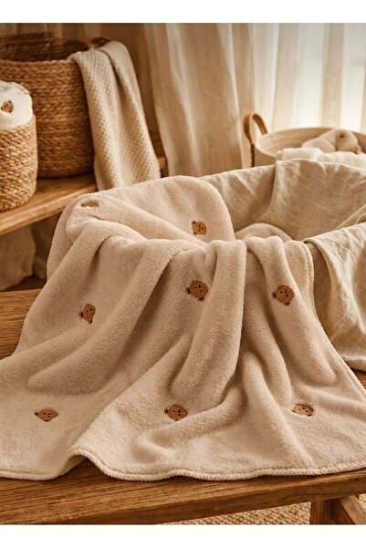 Lumos Trade Bear Embroidered Welsoft 90*100 cm Baby Blanket - Brown Beige
