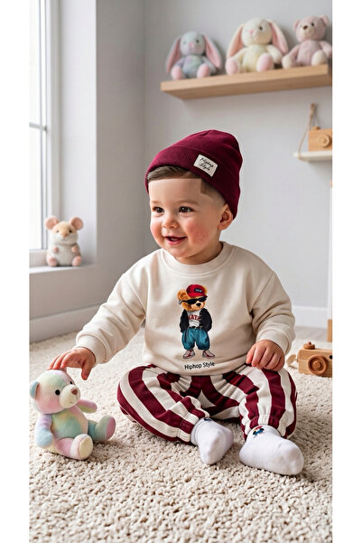 Asila Baby Tedy Teddy Bear Printed Flexible Comfortable Fabric Sweatshirt, Striped Elastic Waist Flexible Fabric Pants and Printed Socks 3-Piece Baby Boy Set