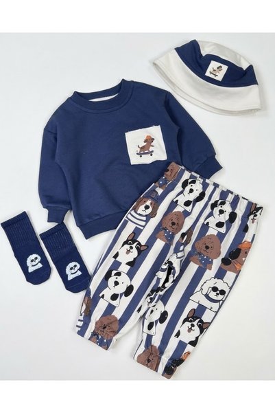 Asila Baby Cute Dog Print Seasonal Flexible and Comfortable Fabric Top and Bottom Set with Printed Socks and Safari Hat 4-Piece Baby Boy Set