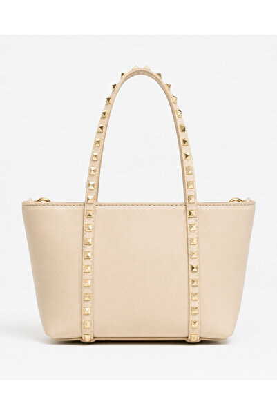 Nura Collection Women's Gold Studded Detailed Hand and Shoulder Bag - Cream