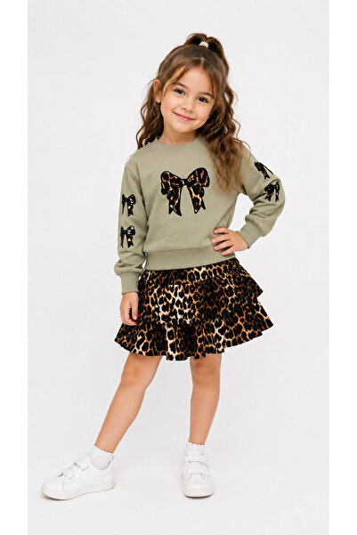 Oz Baby Girl's Leopard Patterned Bowknot Sweatshirt and Layered Skirt 2-Piece...