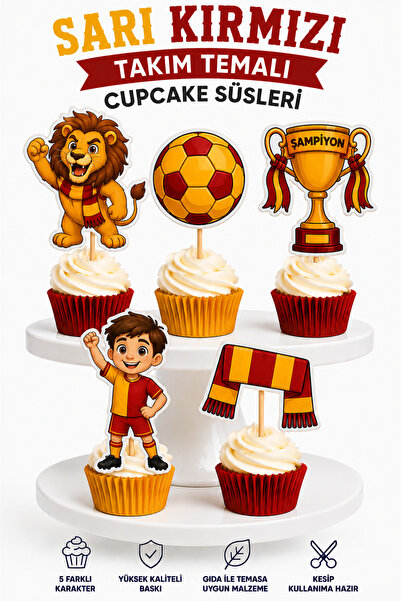 telaşe memuru 10 Adet Sarı Kırmızı Takım Taraftar Temalı Premium Cupcake Süsü...