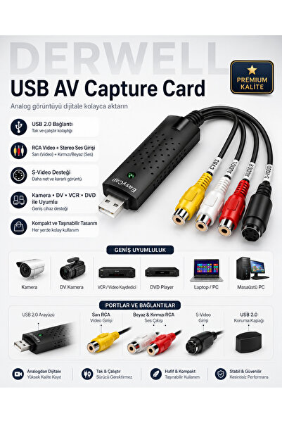 Derwell USB 2.0 AV Video Capture Card - Analog Görüntü ve Ses Dijital Dönüştürücü Kayıt Kartı (Easycap Uyumlu, S-Video, RCA, Sürücüsüz Tak Çalıştır)