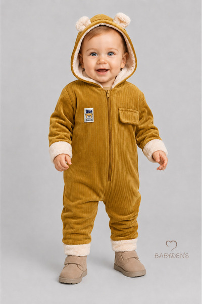 BABYDEN'S Bebek Kışlık Tulum İçi Welsoft Fitilli Kadife Ayıcık Kulaklı Astron...
