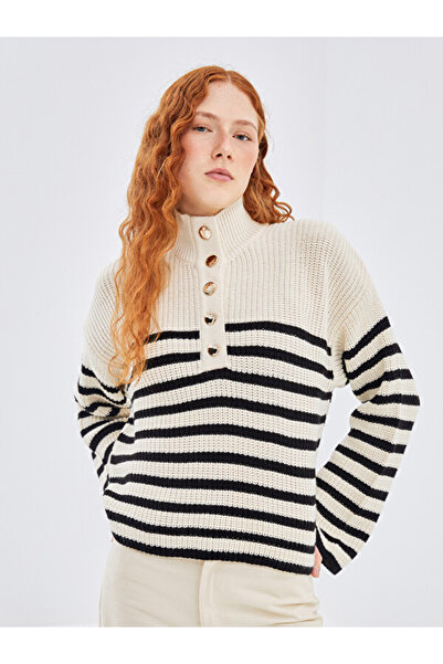 LC Waikiki Half Turtleneck Striped Oversize Women's Knitwear Sweater