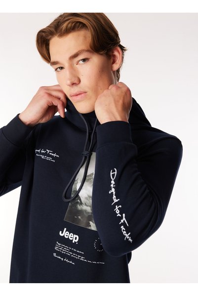 JEEP Men's Navy Hooded Relaxed Printed Sweatshirt C4WM-SWT4239