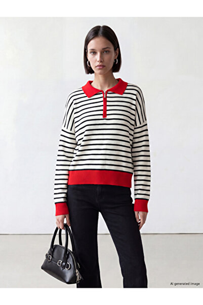 LC Waikiki Polo Collar Striped Women's Knitwear Sweater