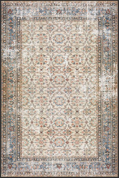 KONUKHOUSE Krem vintage çicekli şönil halı
