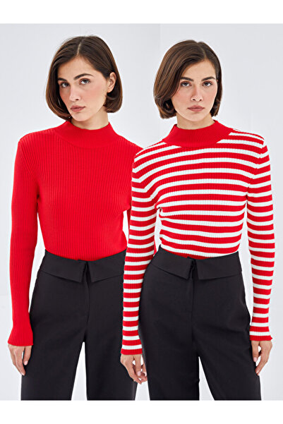 LC Waikiki Half Turtleneck Striped Women's Knitwear Sweater 2-Piece