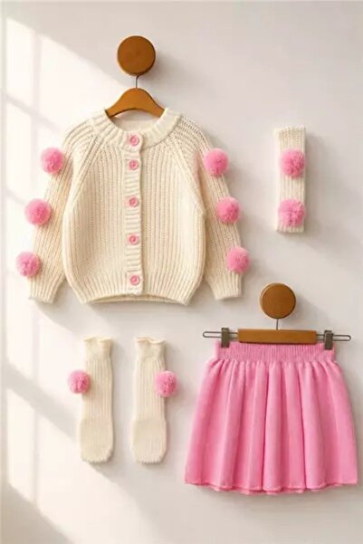 KOKOŞ BEBEK 4-Piece Girls' Set with Pompom Cardigan - Age 2/8 - 31912