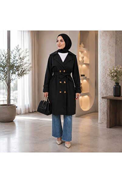 HANEDAN TESETTÜR Women's Buttoned Double-Breasted Collar Belted Fillet Pocket...