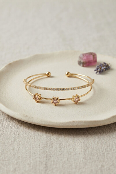 Lisinya Pink Star Model Silver Color Zircon Stone Brass Bracelet -