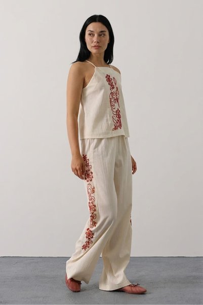 suphias Women's Ecru Bead Embellished Thin Strap Wide Leg Pants Two-Piece Set