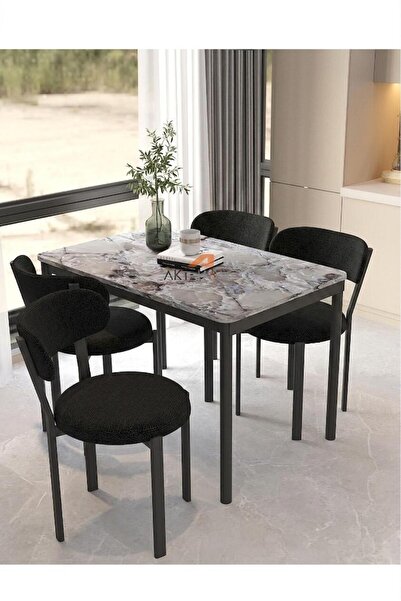 Aktehome Luna 4 Kişilik Mutfak Masa Sandalye Takımı 70x110 cm Siyah Marmol