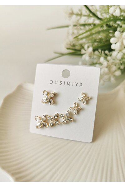 Halley Concept Gold Steel Crystal Stone Flower Figured Multiple Earring Set