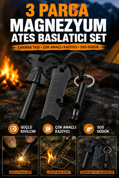 Hane Dostu 3 Parça Magnezyum Çubuklu Ateş Başlatıcı Set Çakmak Taşı Çok Amaçl...