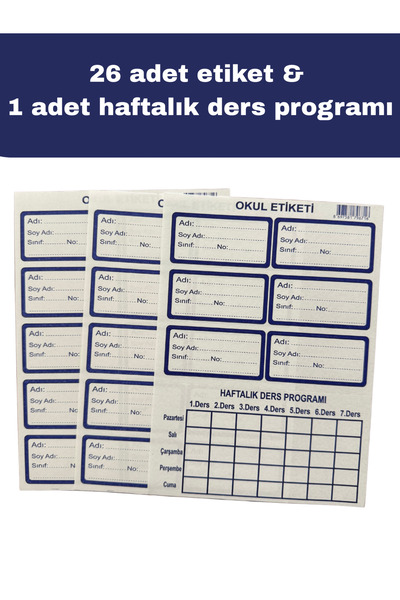 Klasik Okul Etiket Seti - 26 Adet Etiket & 1 Adet Haftalık Ders Programı Defter Etiketi Kitap Etiketi