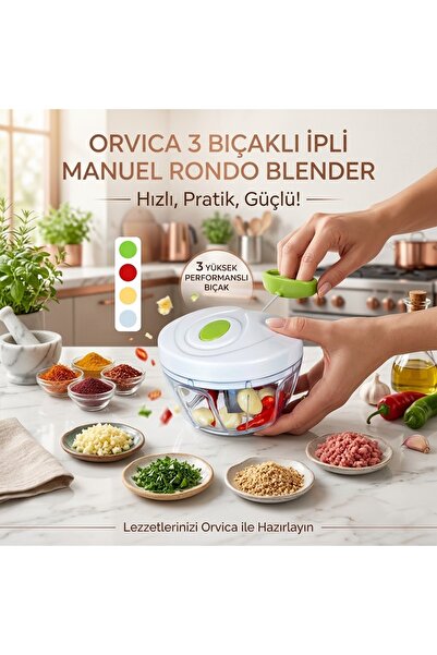 ORVİCA 3 Bıçaklı Ipli Manuel El Rondosu - Ipli Çekmeli 3 Bıçaklı El Blenderı