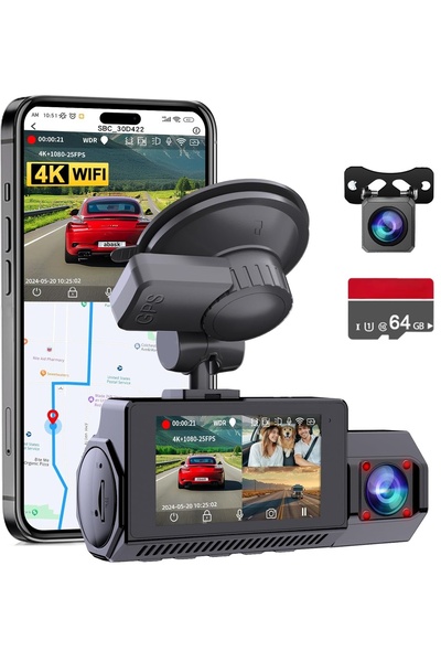 Abask Dash cam with WiFi, GPS and 3 channels, rear view camera, front and pas...