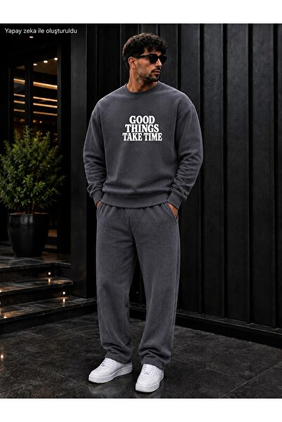 caddekombin Men's Good Things Take Time Typography Printed Crew Neck Regular ...