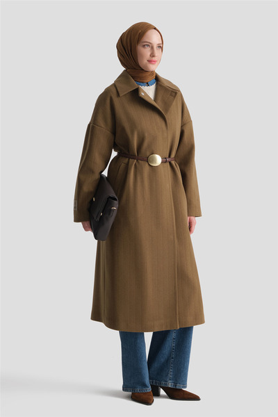 Armine Snap Detailed Striped Cashmere Coat Brown