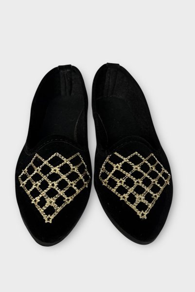 Jagulep Embroidery Detailed Home Women's Ballerina Shoes Black - Cream