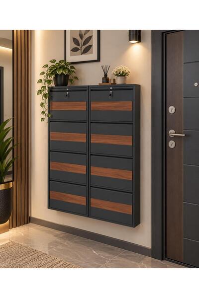 KARLI Home 4+4 Kilitli Antrasit Desenli 16 Çift Kapasiteli Metal Ayakkabılık