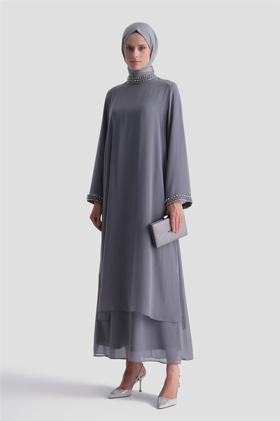 Armine Stylish Dress with Stone Detail Gray
