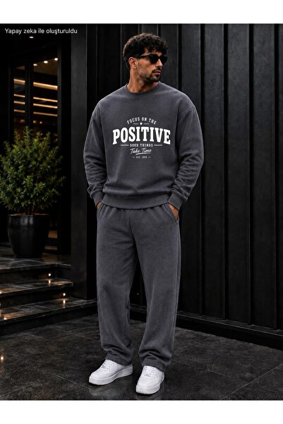 caddekombin Men's Focus on the Positive Typography Printed Crew Neck Regular ...