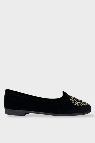 Jagulep Embroidery Detailed Home Women's Ballerina Shoes Black - White