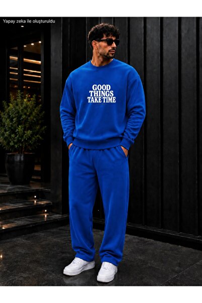 caddekombin Men's Good Things Take Time Typography Printed Crew Neck Regular ...