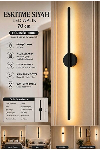 Betül Home Design Siyah Gün Işığı 70 CM Led Duvar Aplik 1 Adet|Pilli Kablosuz...