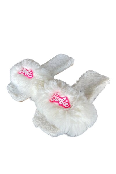 Jagulep Barbie Detailed Plush Women's House Slippers White