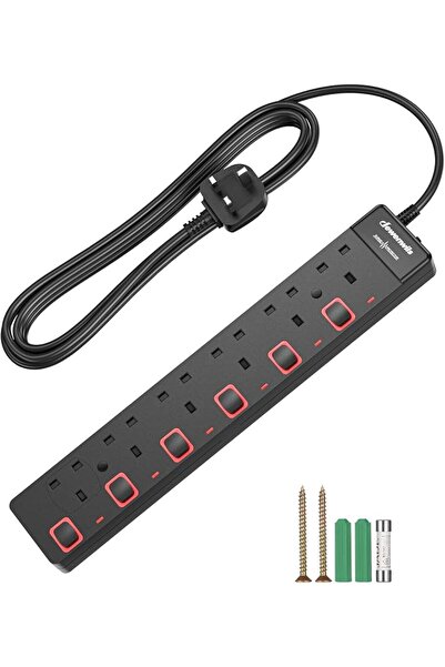 DEWENWILS 6 Way Surge Protected Extension Lead, 3250W, Wall Mountable