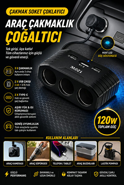 nextbuy 3'lü Çakmak Soketi 120W Çakmaklık Çoğaltıcı 1Usb 2Type-C Araç Şarj Ci...