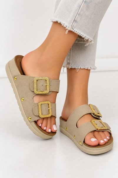 Jagulep Ortopedil Double Buckle High Sole Women's Slippers Beige