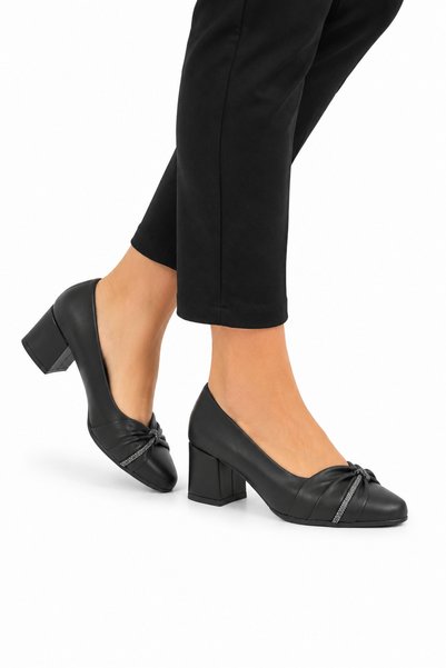 Jagulep Pantofi cu toc gros pentru femei, decorat cu pietre (6 cm) NEGRU
