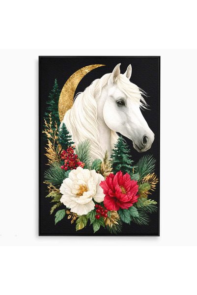 Luxcanva Tablou Canvas Cal Alb Cu Flori 40x60 cm cu Rama Negru Cal Flori Natura