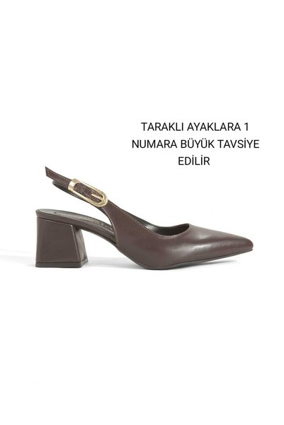 Y ESMA Brown Leather Shoes with Pointed Toe, Open Back, Large Buckle, 5cm Covered Heel, New Season