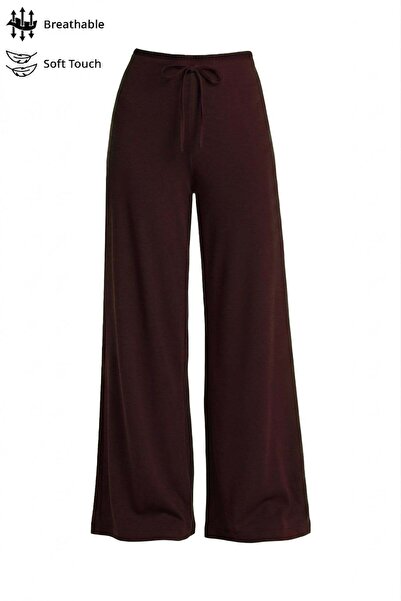 Cottonhill Brown Viscose Basic High Waist Wide Leg Lace-Up Women's Trousers