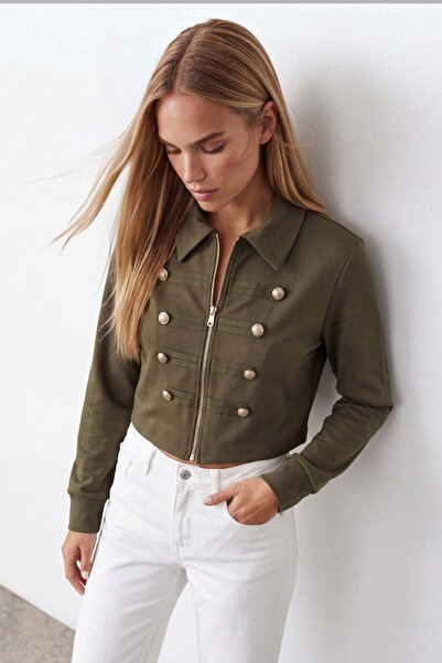 Trend Alaçatı Stili Kadın Haki Düğme Detaylı Blazer Ceket Alc-X15660