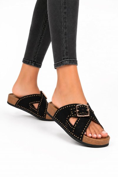 Jagulep Women's Slippers with Staple and Buckle Detail Black